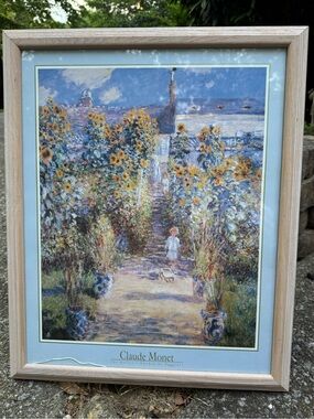 Claude Monet Signed Sunflower Garden Painting - Blue & Yellow